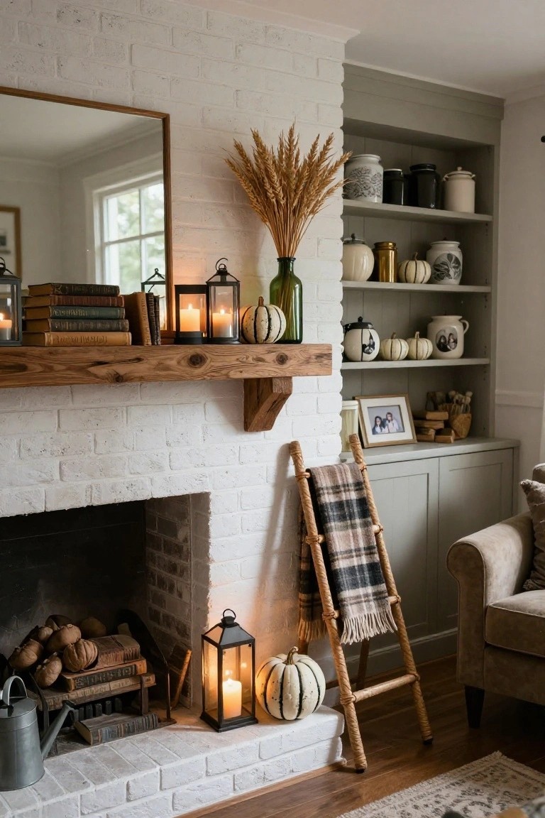 White brick fireplace with wooden mantel holding tall wheat stalks, pumpkins, lanterns, candles, and stacked books, flanked by shelves with jars, pumpkins, and a plaid blanket on a ladder.
