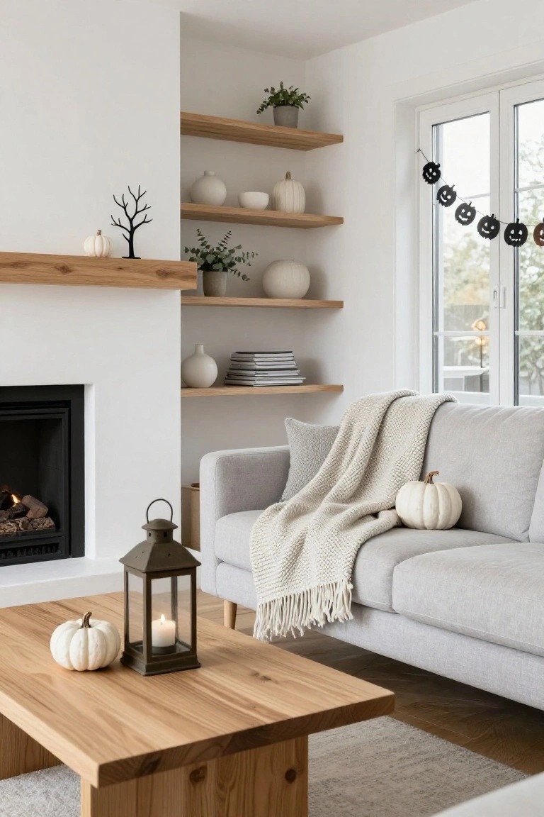 A minimalist living room with white walls, a black fireplace, oak floating shelves holding white ceramics, plants, books, and pumpkins, a gray sofa with cream throw blanket and white pumpkin, wooden coffee table with lit metal lantern and white pumpkin, and black paper pumpkin garlands hanging near a window.