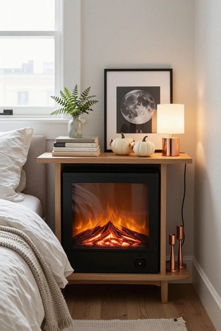 Bedroom corner with oak nightstand holding stacked books, two small white pumpkins with leaf accents, fern in vase, white lamp, and moon photo beside an electric fireplace framed in oak next to a white bed with throw blanket.