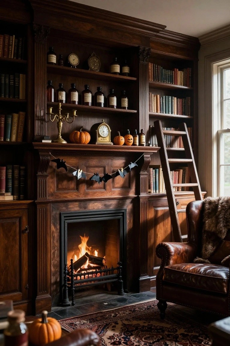 Wood-paneled library room with lit fireplace flanked by tall bookshelves holding books, labeled glass bottles, pumpkins, clocks, and a bat garland above the mantel, plus a wooden ladder, leather armchair with throw, and oriental rug on the floor.