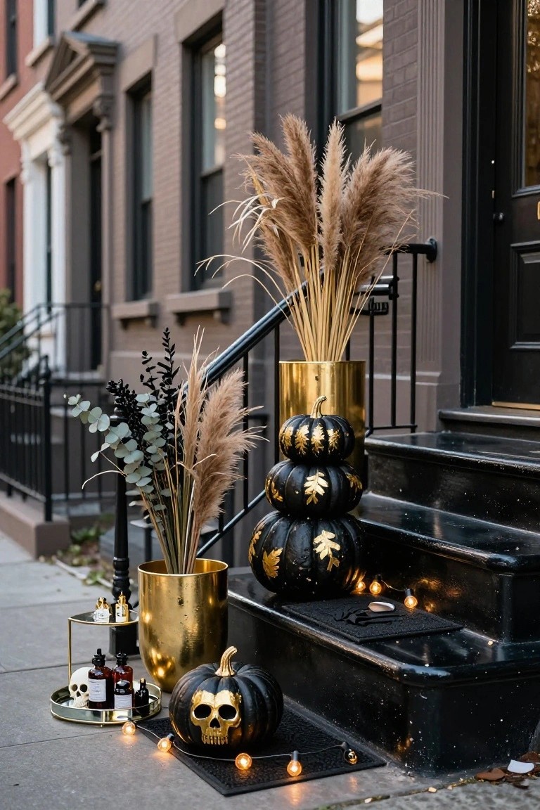 Elegant Halloween porch with gold and black pumpkins, pampas grass, string lights.