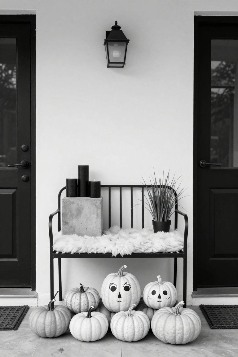 Black-and-white photo of a front porch with black double doors, a black metal bench topped with white fur and a potted grass plant, stacked black candles on a concrete block, and several white pumpkins including three with black jack-o-lantern faces grouped on the ground.