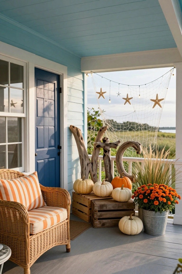 Light blue front porch with navy door and white trim, featuring orange striped wicker chair, wooden crates holding white pumpkins, driftwood letter forms, nautical net with starfish and lights, potted orange flowers, overlooking marsh grasses.