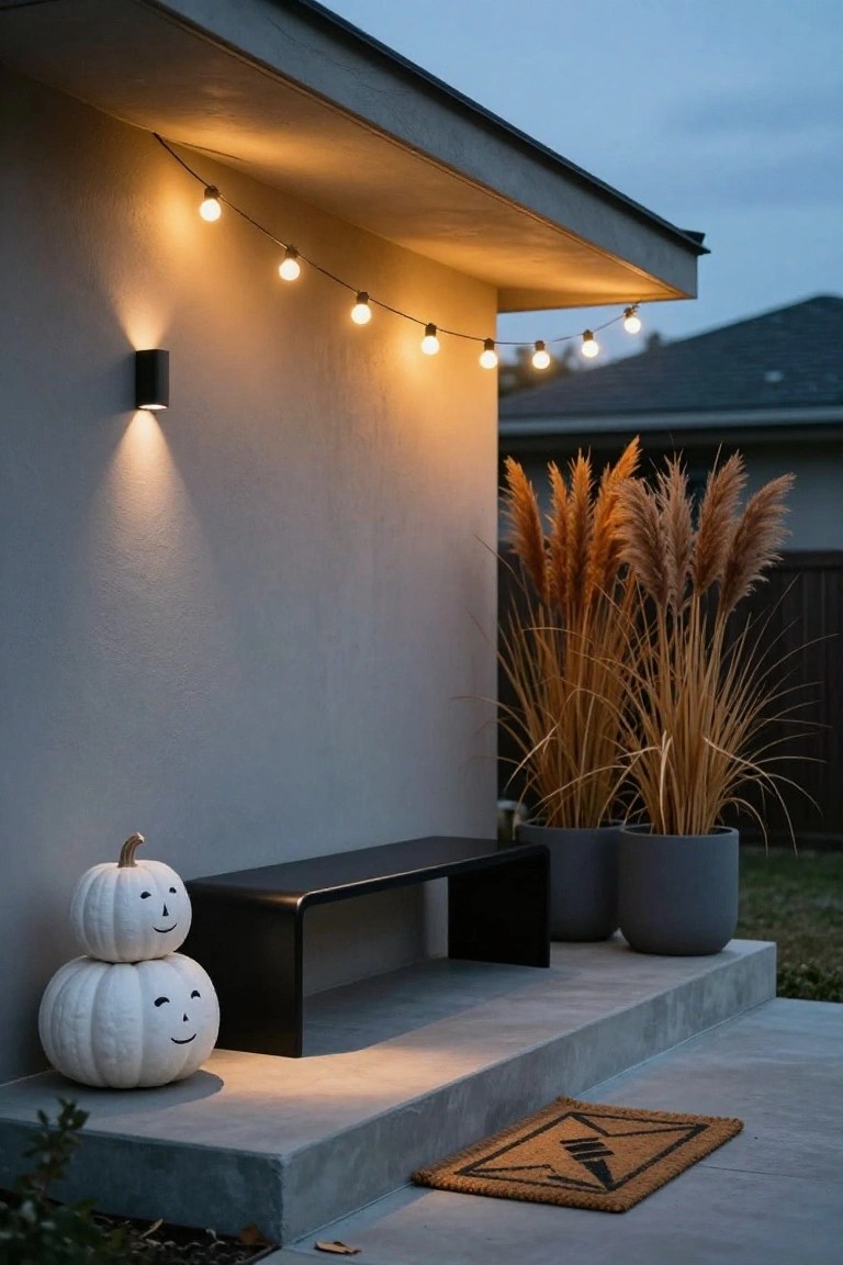 Modern porch with stacked pumpkins, string lights, bench, and pampas grass.