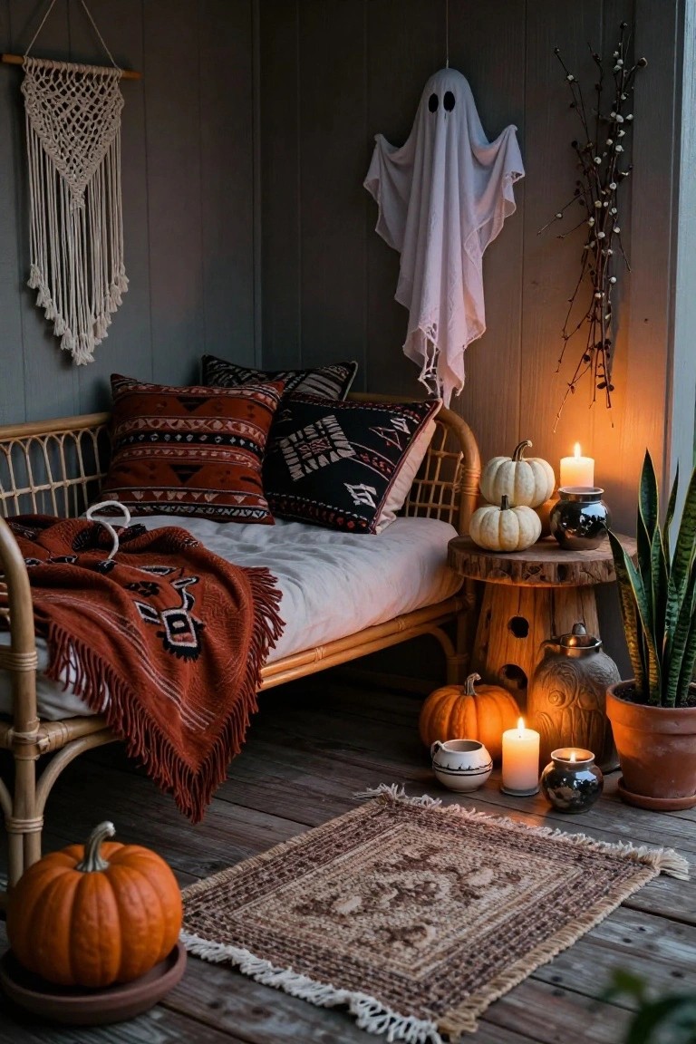 Rattan daybed with patterned pillows and orange blanket on a wooden porch, surrounded by white and orange pumpkins, candles, potted plants, a hanging white ghost, macrame wall hanging, and gray wood-paneled walls in a Halloween setup.