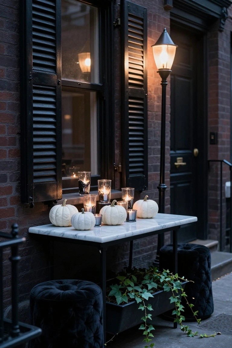 Brick townhouse front stoop featuring a white marble console table with several white pumpkins and lit candles, black velvet ottomans, ivy planter, gas street lamp, and black front door.