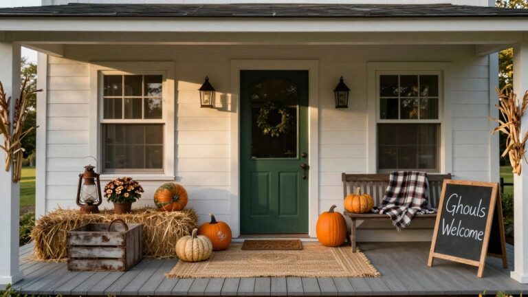White house with green front door and porch decorated for Halloween using hay bales, pumpkins, lanterns, cornstalks, plaid blanket on bench, and chalkboard sign reading Ghouls Welcome.