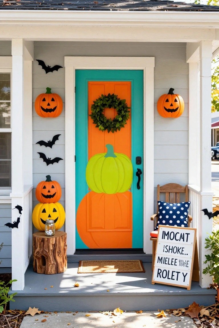 Teal front door on a gray house decorated with a large green pumpkin, orange pumpkin designs on panels, an orange wreath, stacked orange jack-o-lanterns, bat silhouettes, a wooden rocking chair with pillows, tree stump stool with jar, and a signboard with handwritten text on the porch steps.