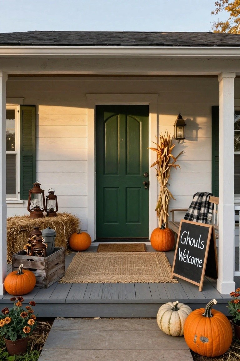 White house with green front door and porch decorated for Halloween using hay bales, pumpkins, lanterns, cornstalks, plaid blanket on bench, and chalkboard sign reading Ghouls Welcome.