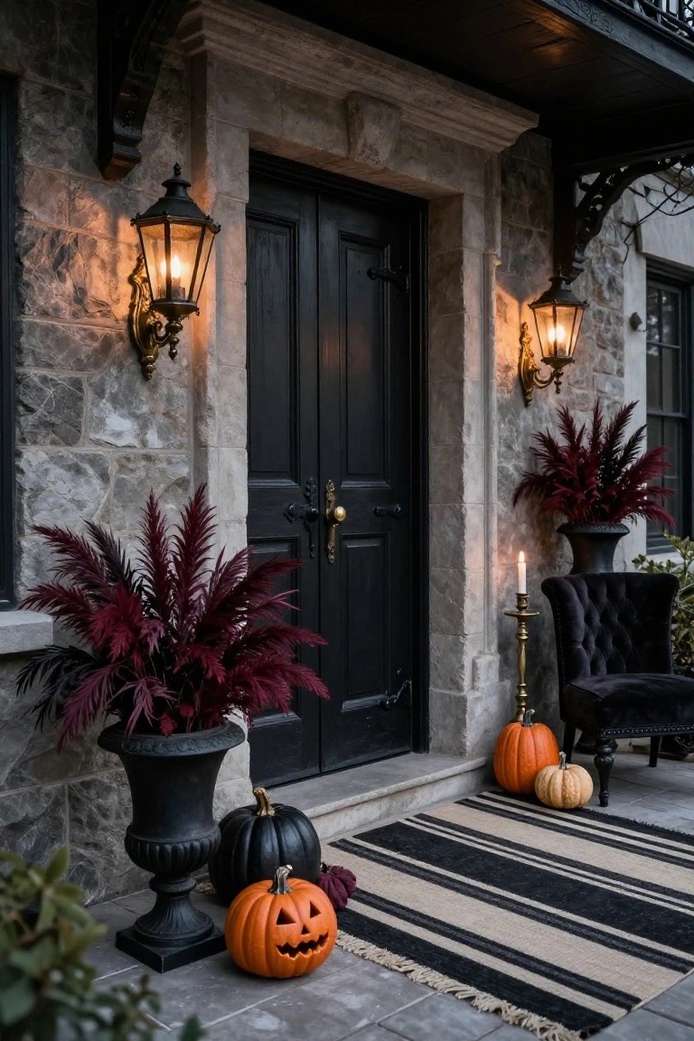 Stone house front porch featuring black double doors flanked by black wall lanterns and potted dark red ferns, a black velvet tufted armchair beside a brass candlestick with lit candle, assorted pumpkins on the steps, and a black-and-white striped rug.