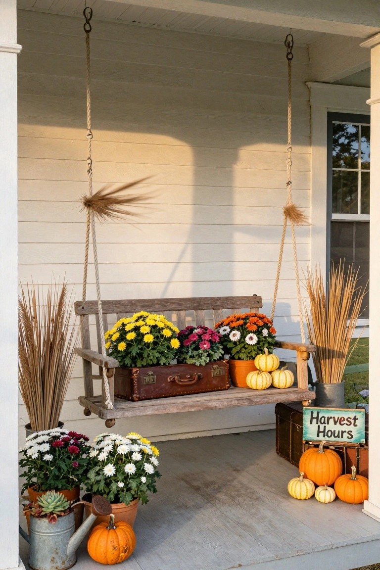 White front porch with a rope-hung wooden swing holding potted mums, a vintage suitcase planter with pumpkins, additional fall plants, and a Harvest Hours sign nearby.