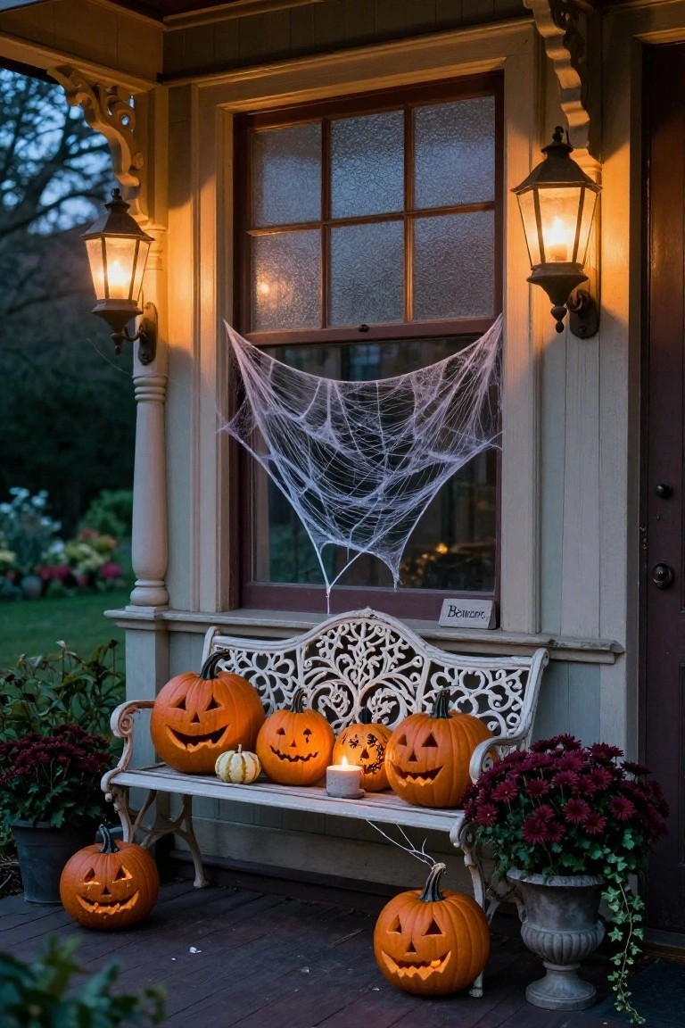 Front porch with white wrought-iron bench holding multiple carved orange jack-o-lanterns of varying sizes, a white pumpkin, and candles, spider webs on window above, lanterns on posts, potted plants nearby.