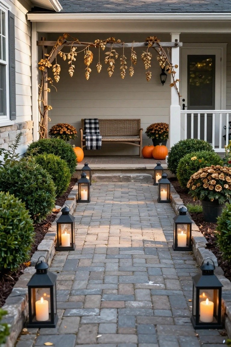 Brick pathway leading to a front porch, lined on both sides with black metal lanterns holding lit white pillar candles, bordered by clipped green boxwood shrubs, fall mums, and orange pumpkins near a wicker bench with plaid blanket under a wooden arch draped in dried hops.