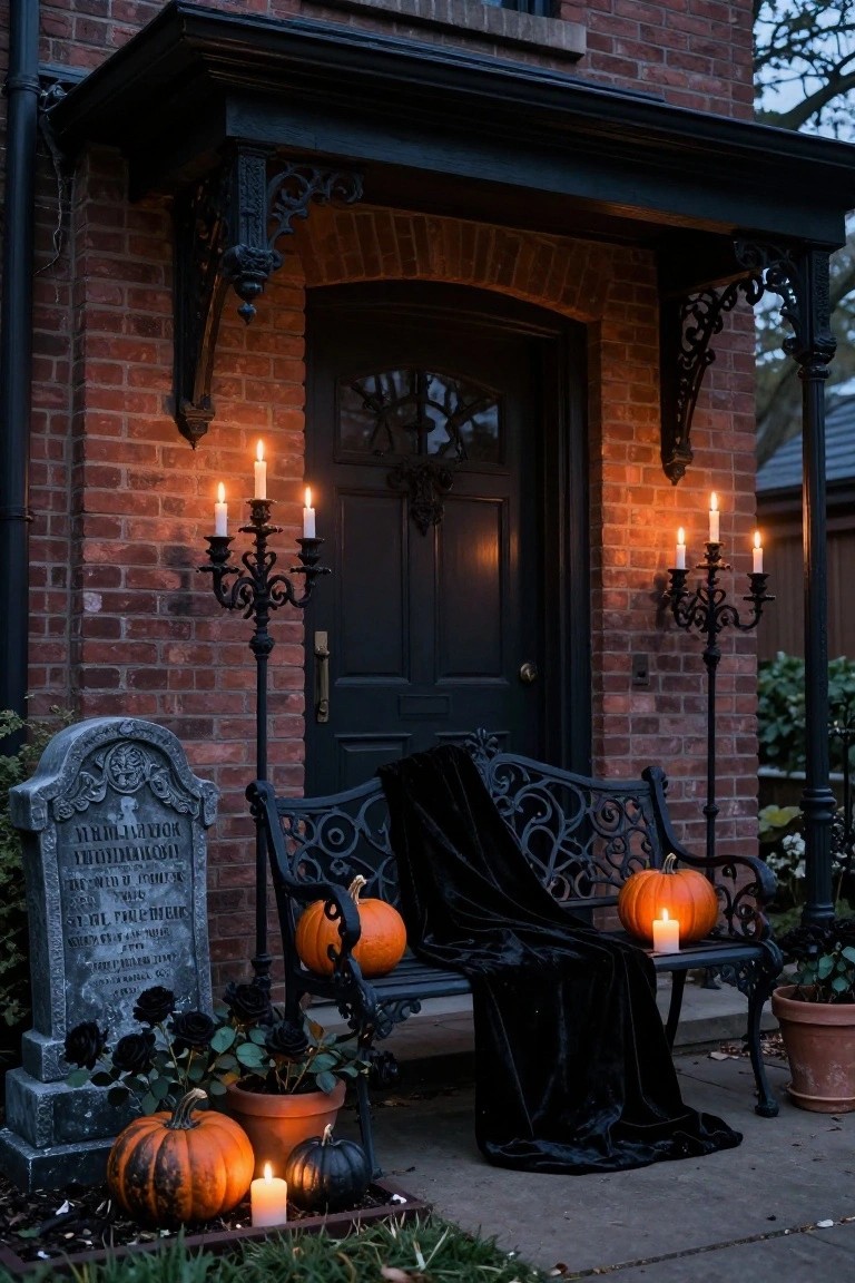 Brick house front porch decorated for Halloween with tall black wrought-iron candelabras holding lit candles flanking a dark arched door, a gray gravestone prop next to a black velvet-draped wrought-iron bench holding pumpkins and a candle, and potted plants nearby.