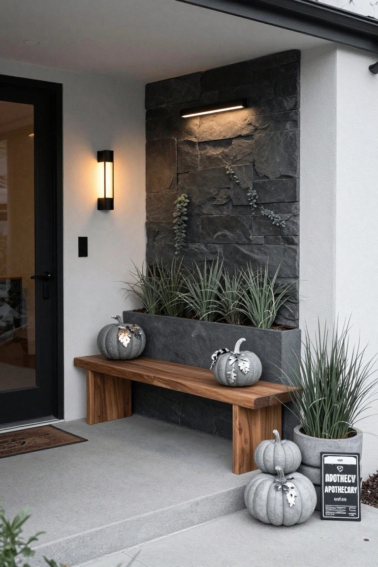 Front porch entryway featuring a wooden bench next to a black door, gray stone accent wall with LED lights, potted grasses, several gray pumpkins with metallic leaves, and a black apothecary sign on a concrete step.