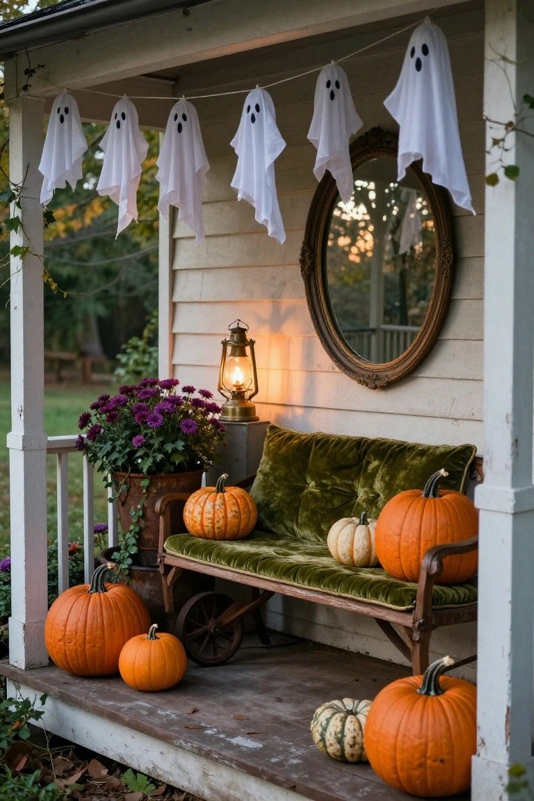 Front porch featuring hanging white fabric ghosts, a green velvet bench with small pumpkins on it, larger pumpkins and a wheelbarrow on the floor, a brass lantern, potted purple flowers, and an ornate mirror mounted on the wall.