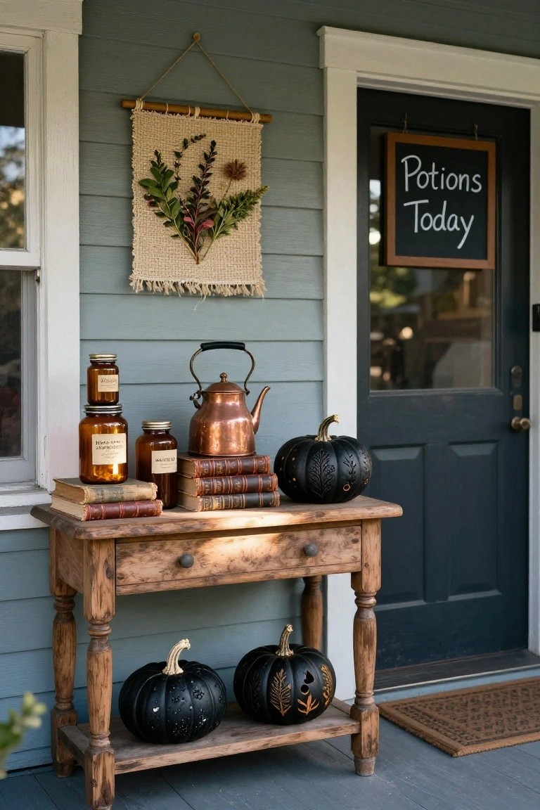 Front porch table on a light blue house exterior holding stacked amber jars, vintage books, copper teapot, and black carved pumpkins, with a woven plant wall hanging nearby and a "Potions Today" sign on the dark door.