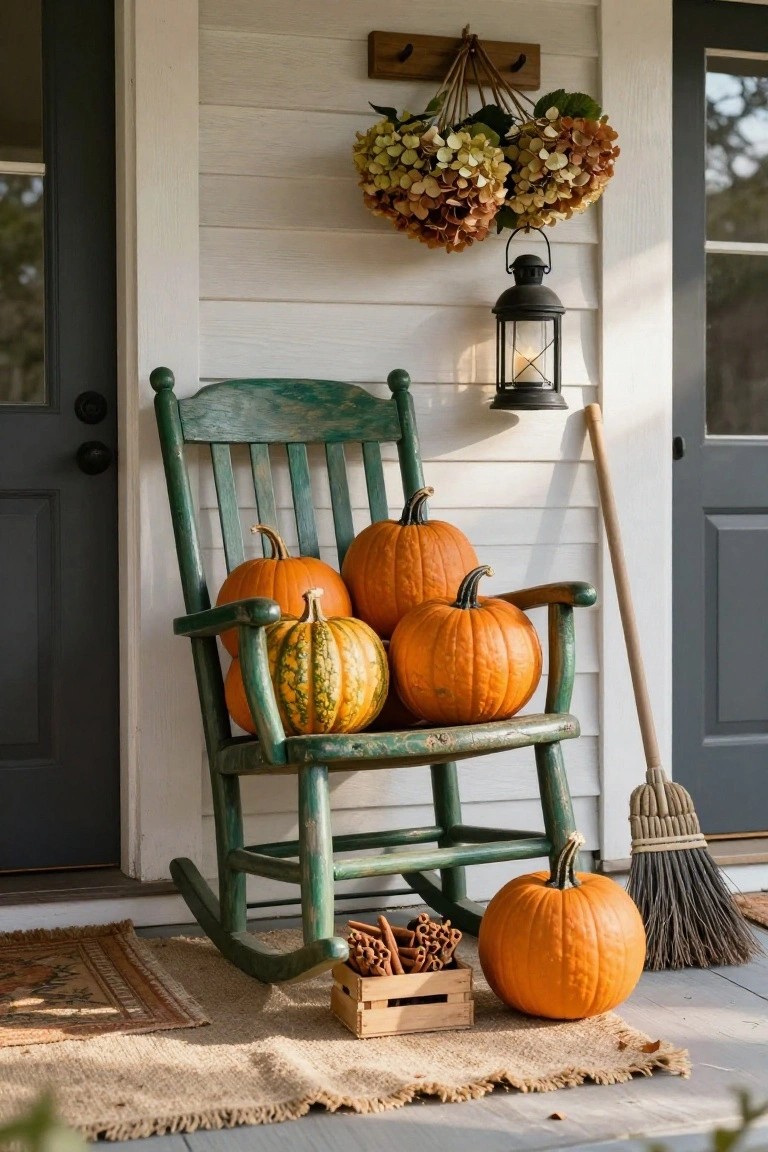 Green wooden rocking chair on a white front porch holds multiple orange pumpkins of varying sizes, with a broom leaning against it, a hanging lantern, fall wreath above the door, and a crate of cinnamon sticks nearby.