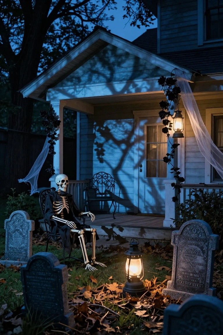 Front porch at dusk decorated for Halloween with a skeleton seated in a black chair on the wooden deck, surrounded by gray foam tombstones, lit lanterns, cobwebs, and black rose garlands hanging from the blue-shaded house exterior.