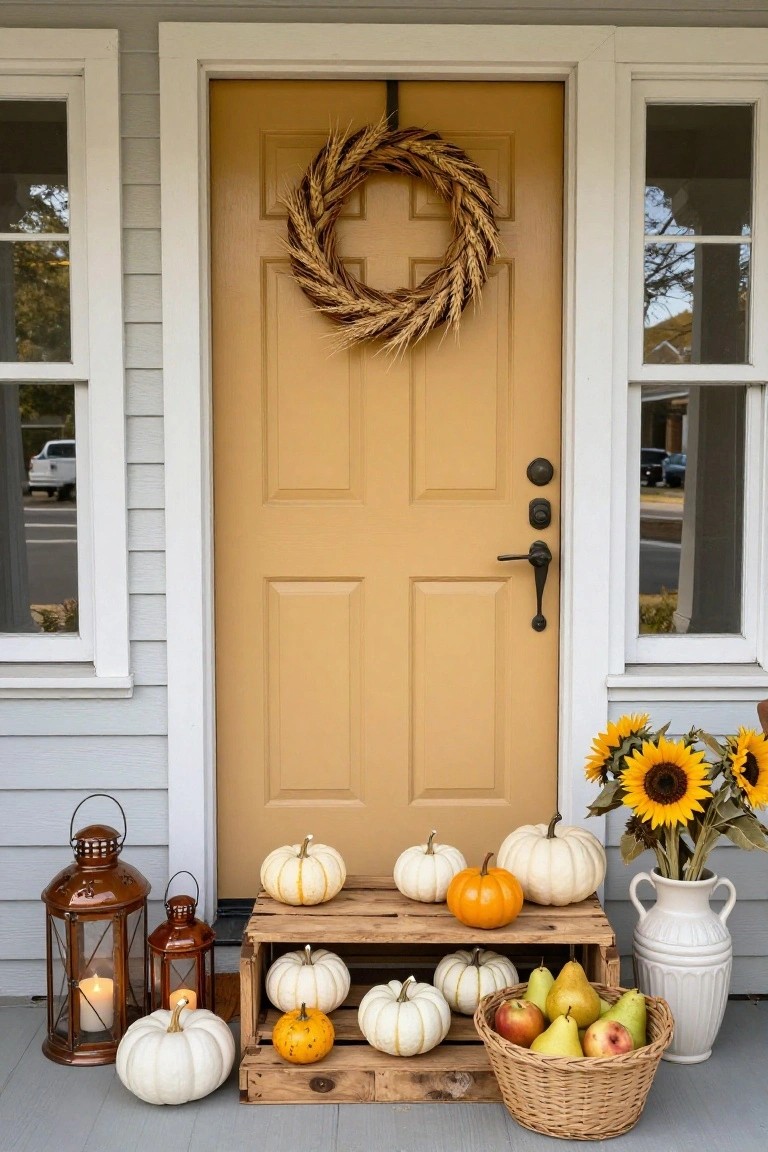 Mustard yellow front door with wheat wreath, flanked by white and orange pumpkins stacked on wooden crate, copper lanterns, sunflower bouquet in white vase, and wicker basket of pears on light gray porch steps.