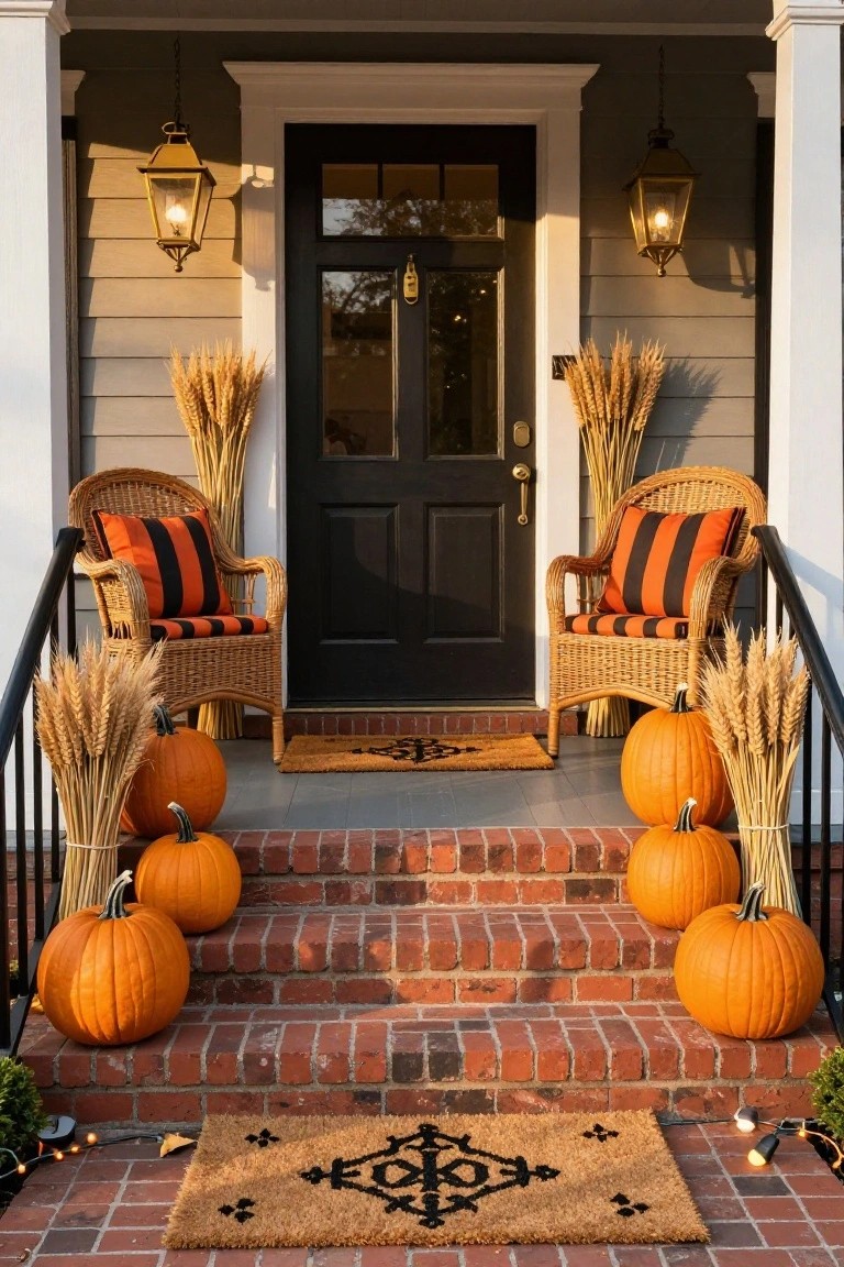 Front porch with brick steps lined by orange pumpkins wrapped with wheat stalks, flanked by wicker chairs with orange and black striped cushions, black front door, lanterns, and a patterned doormat.