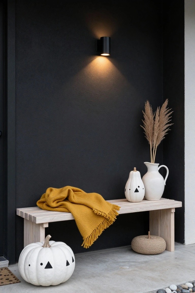 Front porch corner with black painted wall, wooden bench draped in yellow knitted blanket, two white pumpkins with black geometric face designs on bench, larger white pumpkin with similar design on ground, pampas grass in white vase, woven basket stool, and black wall light.