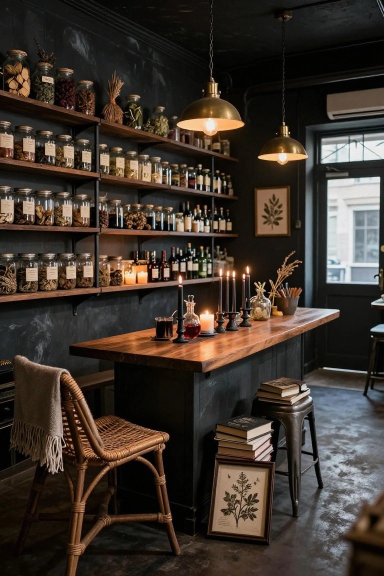 Dark interior room with black walls and wooden shelves stocked with glass jars containing herbs, spices, dried plants, and bottles, a wooden bar counter with candles, decanters, glasses, and pendant lights overhead.
