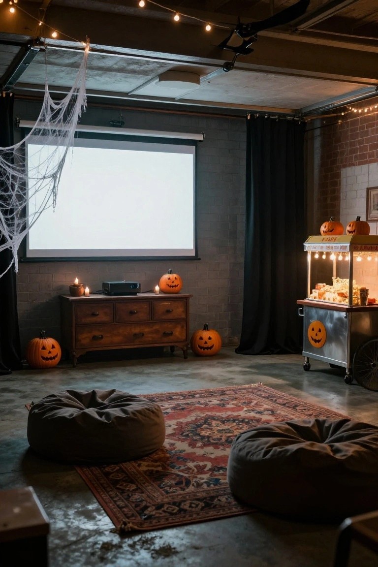 Halloween-decorated garage interior with a projector screen draped in cobwebs, bean bag chairs on a red rug, carved pumpkins on a wooden dresser and floor, candles, a popcorn cart, and string lights.
