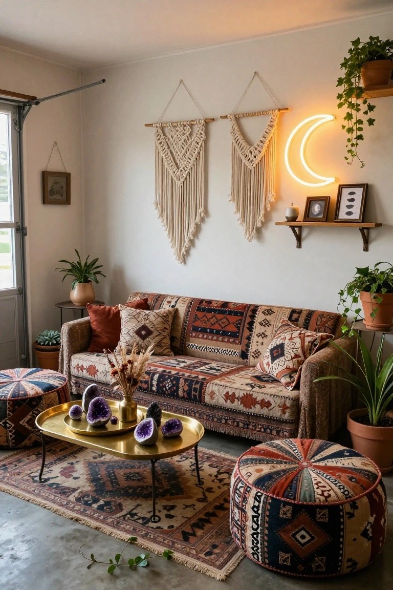 Garage interior styled as a bohemian lounge with a colorful patterned sofa, matching poufs, brass tray holding amethyst crystal clusters, macrame wall hangings, neon crescent moon sign, potted plants, and a woven rug on the floor.
