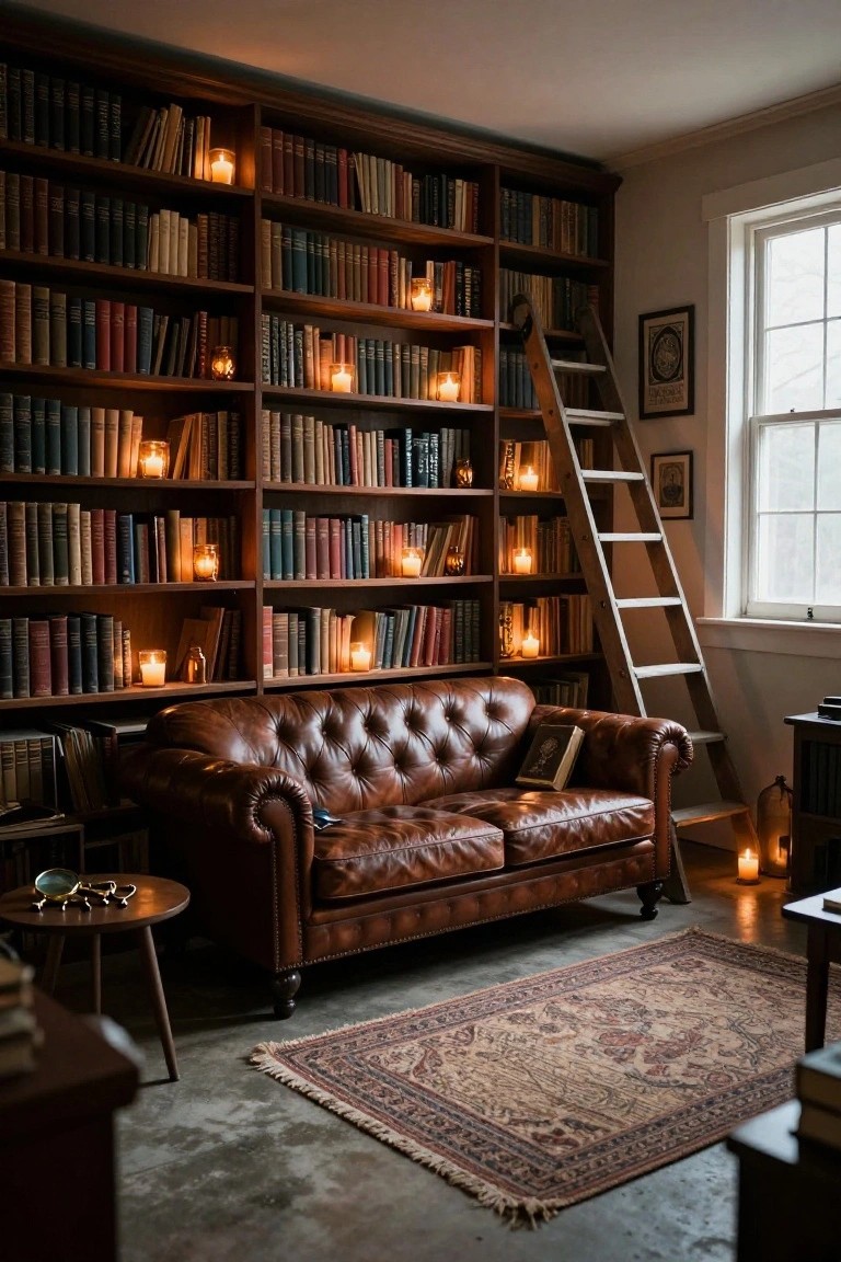 Wooden bookshelves filled with books line the walls of a cozy room, illuminated by numerous candles, with a brown tufted leather sofa, wooden rolling ladder, side table, and Persian rug on the floor.