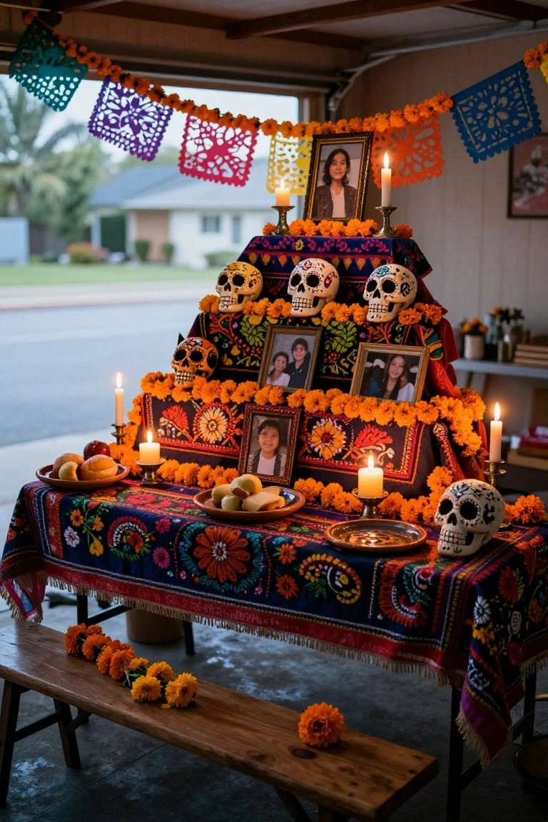 Multi-tiered Day of the Dead ofrenda altar on a table in an open garage with marigold garlands, sugar skulls, framed photos, candles, fruits, and colorful papel picado banners overhead.
