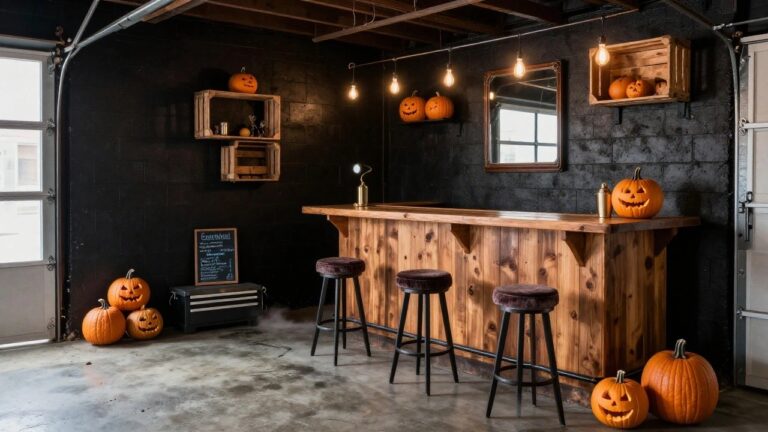 Dark garage with wooden bar counter, two gray stools, Halloween pumpkins on bar and shelves, string lights, bottles, chalkboards, and mirror-backed display above bar.