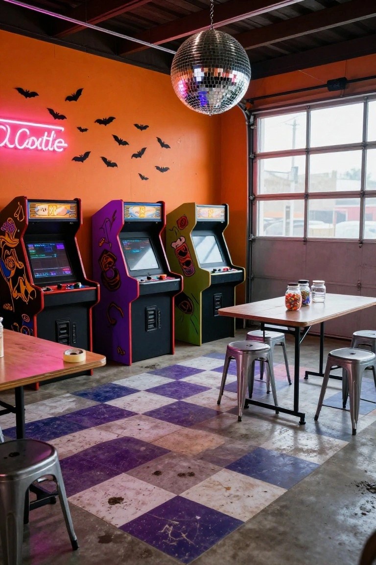 Garage interior decorated for Halloween with orange walls covered in bat silhouettes, pink neon "O'Cottle" sign, silver disco ball, three colorful arcade machines, wooden tables with stools, jars on table, and purple-and-white checkered floor.