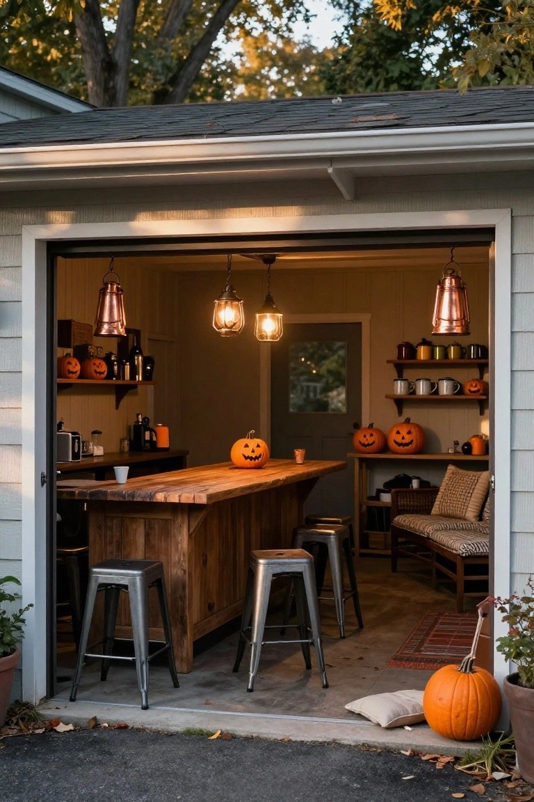 Open garage door showing interior with central wooden bar counter, four metal barstools, hanging copper lanterns, shelves with pumpkins and kitchen items, carved pumpkins on surfaces, and potted plants outside.