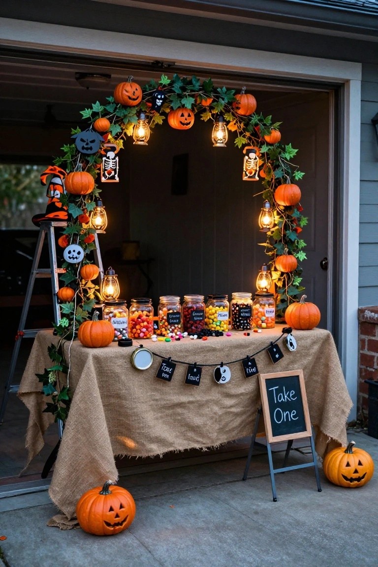Open garage door framed by orange pumpkin garland arch with lanterns and ivy, burlap-covered table holding glass jars of colorful candies, and a chalkboard sign reading "Take One" flanked by pumpkins.