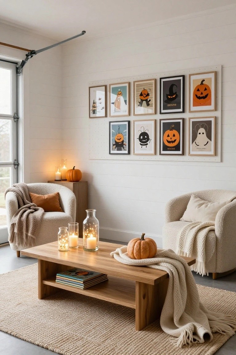 Garage interior featuring a gallery wall of Halloween-themed prints in black frames on white shiplap, flanked by cream bouclé chairs with throws, a wooden coffee table with candles and pumpkins, and a beige rug.