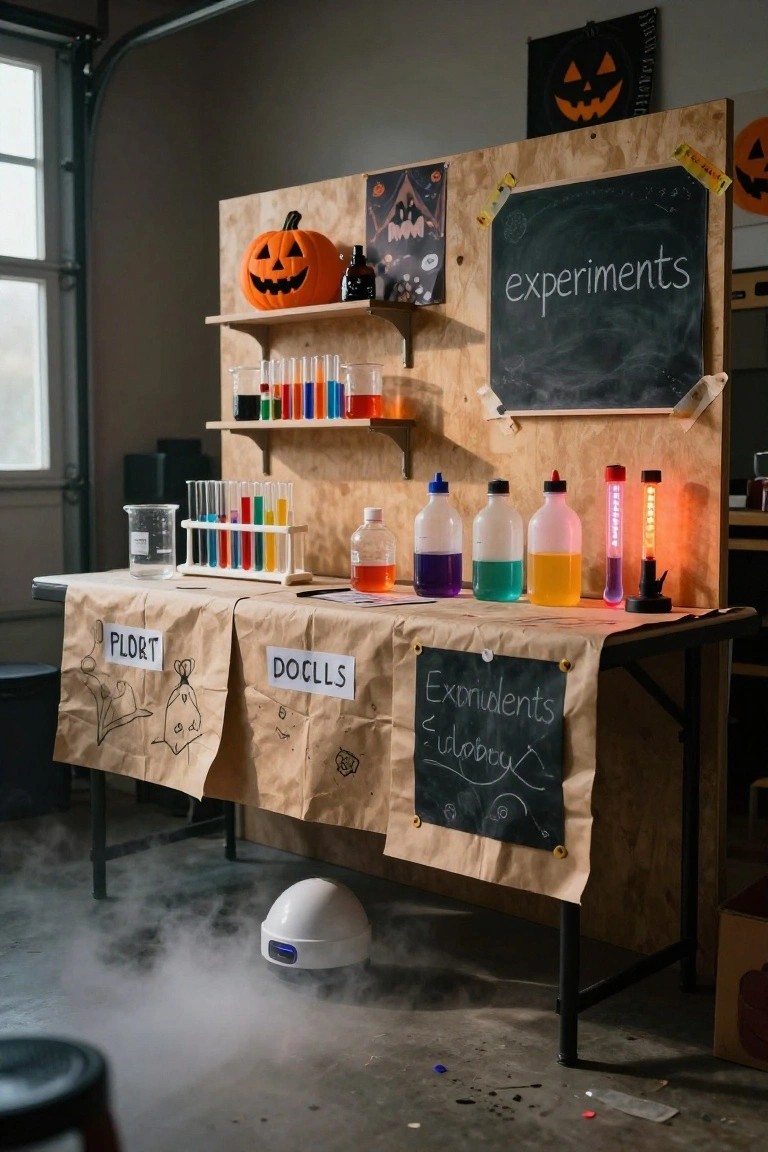 A garage interior set up as a Halloween mad scientist lab with wooden shelves holding colorful beakers and test tubes, tables covered in paper labeled Plort, Doclls, and Explodudents with bottles of liquids, a fog machine on the floor, and Halloween decorations including pumpkins and a chalkboard sign.