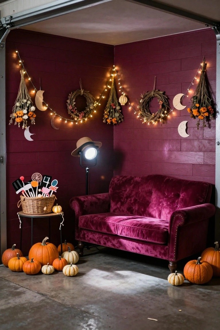 Garage corner photo booth setup with purple brick walls, purple velvet loveseat sofa, metal stand with spotlight and hat, wicker basket of Halloween props, small pumpkins scattered on concrete floor, string lights, and dried floral decorations.