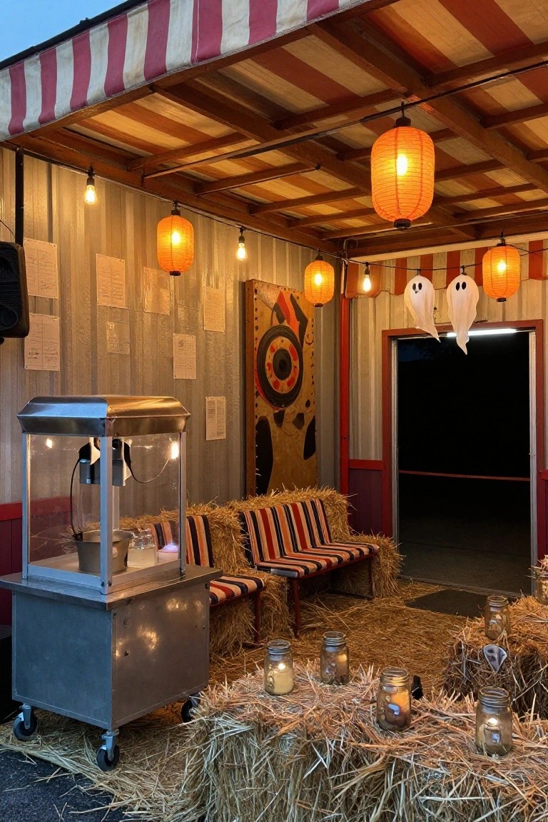 Halloween-themed outdoor setup with a silver popcorn cart, red-and-white striped benches on hay bales, orange paper lanterns, ghost decorations, hay bales, mason jar lights, and a wooden carnival game target in front of an open dark garage door under a striped canopy.