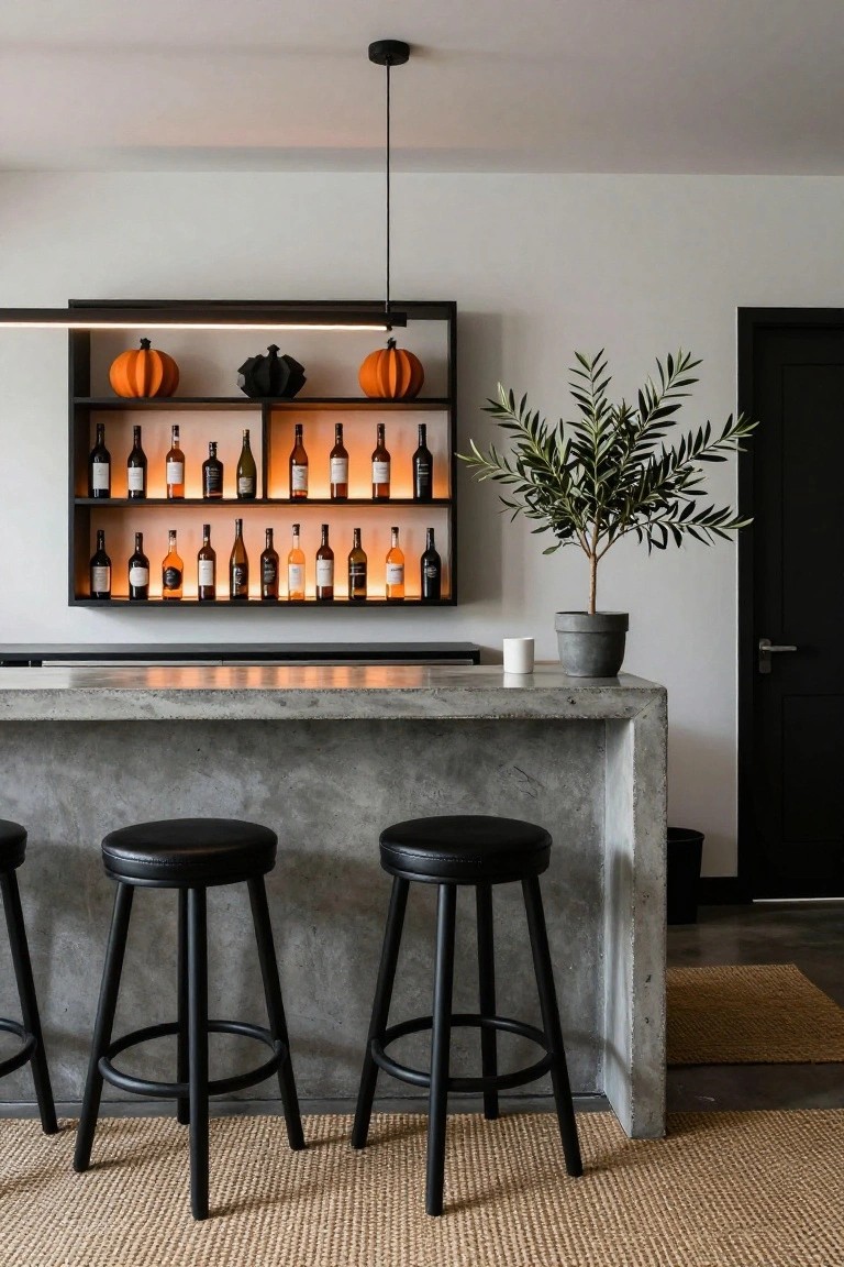 Modern indoor bar area featuring black backlit shelves with wine bottles, orange Halloween pumpkins, and a black vase, gray concrete countertop, black stools, potted olive tree, and white wall.
