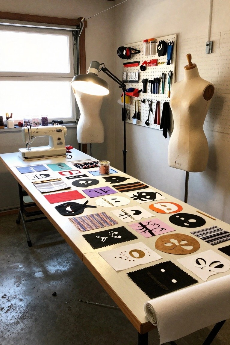 Garage workshop with a long wooden workbench covered in assorted fabric cutouts of Halloween shapes including ghosts, eyes, faces, and striped patterns, a sewing machine nearby, tools on a pegboard wall, and two mannequins.