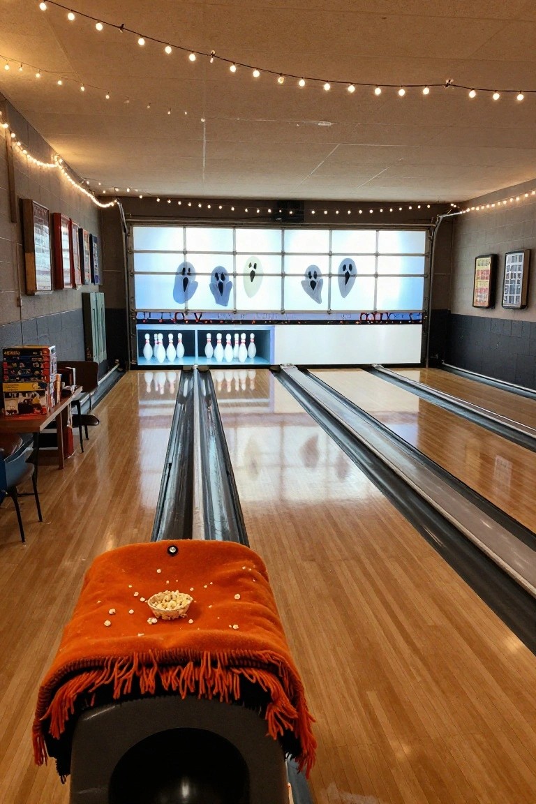 Garage interior set up as a Halloween bowling alley with multiple lanes, white bowling pins, string lights overhead, ghost silhouettes on a back screen, and an orange blanket with popcorn bowl on the black ball return.