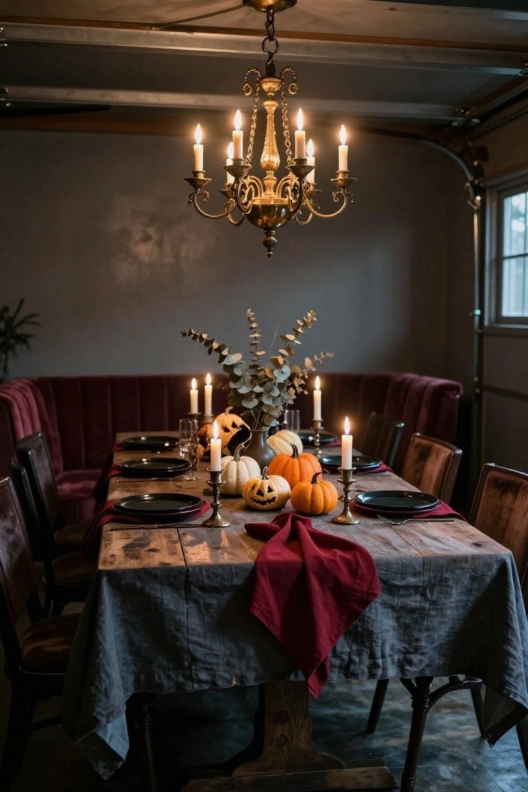 Garage interior styled as a Halloween dining area with maroon velvet booth seating, rustic wooden table set with black plates, wine glasses, multiple candles, small pumpkins, and jack-o-lanterns under a lit brass chandelier.
