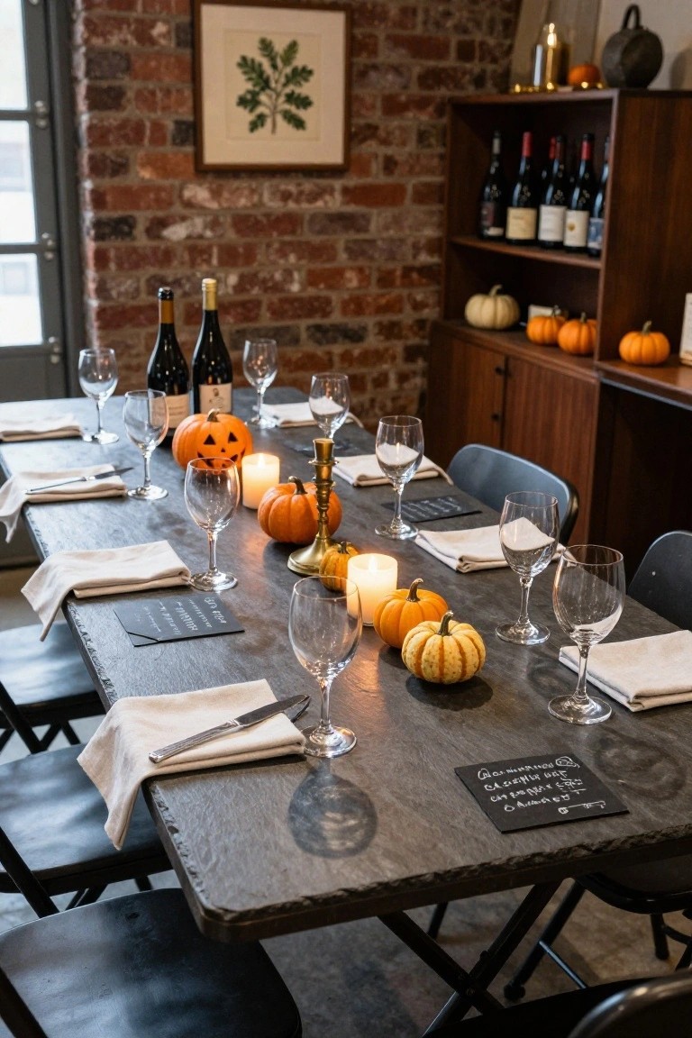 Long dark slate table in brick-walled garage interior set for Halloween with white linen napkins, wine glasses and bottles, carved jack-o-lantern, small pumpkins, brass candlestick, tea lights, and black chalkboard place cards.