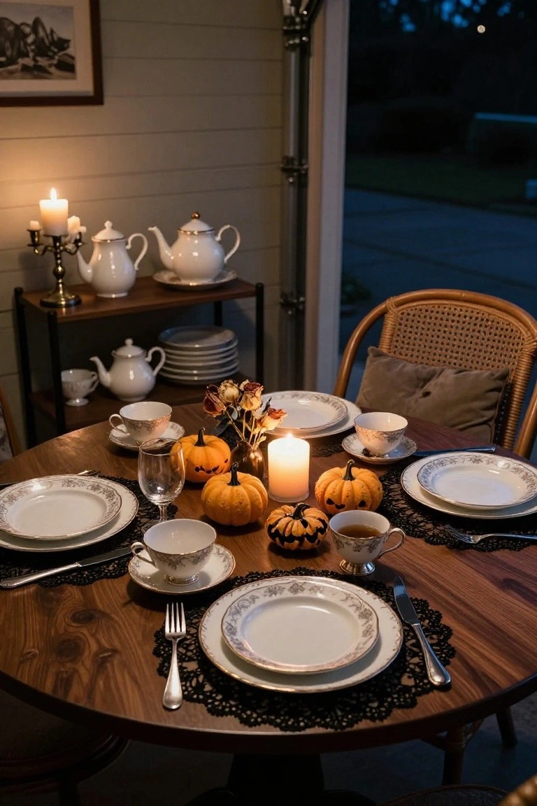 Round wooden table in a garage interior set for Halloween tea party with white porcelain teapots, cups, saucers, plates, small carved pumpkins, candles, wine glass, and black lace placemats, garage door open to dark outdoors.