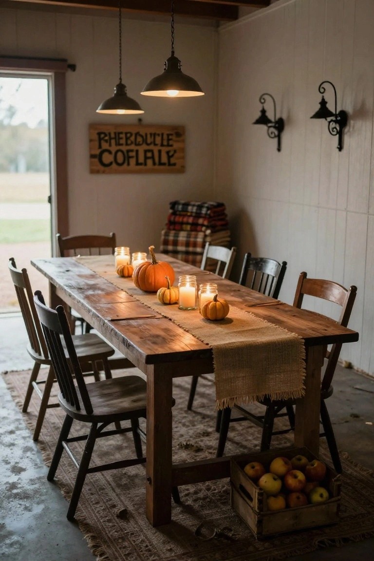 Rustic wooden dining table in a garage with burlap runner, small pumpkins, candles, and wooden chairs around it, plus a crate of apples nearby.