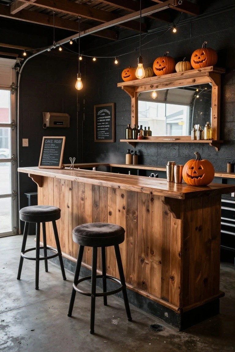 Dark garage with wooden bar counter, two gray stools, Halloween pumpkins on bar and shelves, string lights, bottles, chalkboards, and mirror-backed display above bar.