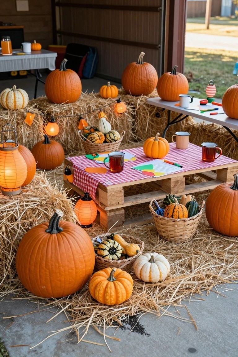 Open garage area decorated with stacked hay bales displaying assorted orange and white pumpkins, small gourds in baskets, a checkered tablecloth on wooden pallets holding craft supplies, mugs, and lanterns.