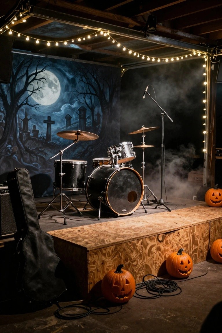 Garage interior set up as a Halloween stage with black drum kit on wooden platform, dark forest graveyard mural on wall, string lights overhead, fog machine smoke, microphone stand, guitar case, amp, and orange pumpkins on floor.