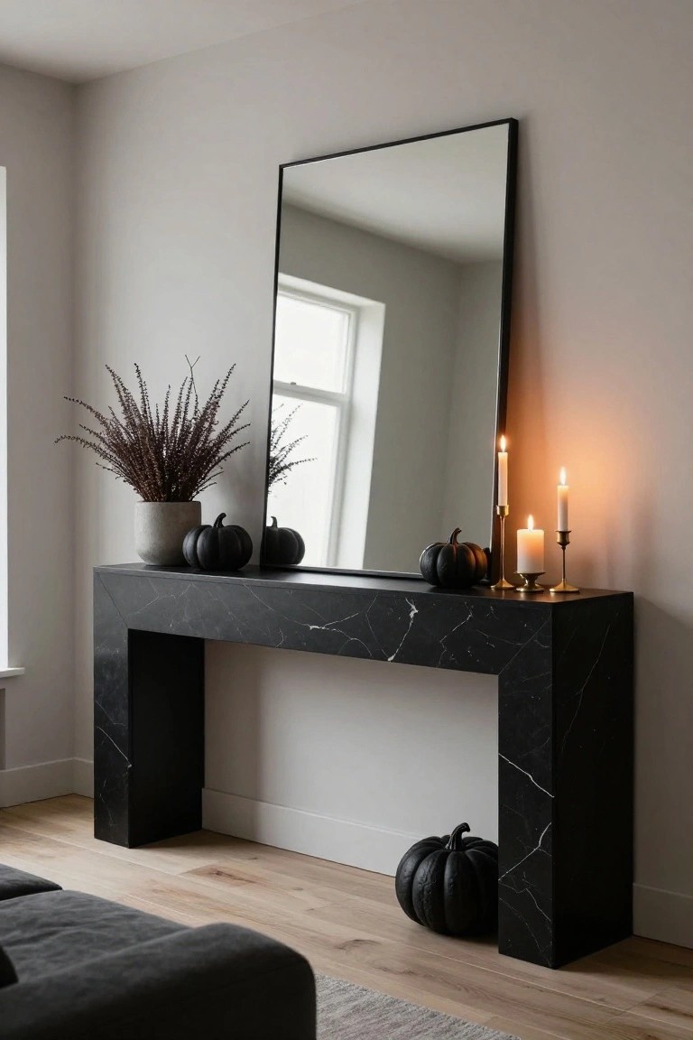 Black marble console table with large black-framed mirror, black pumpkins, dark pampas grass in gray pot, white pillar candles on gold candlesticks, against light gray wall with window and wood floor.